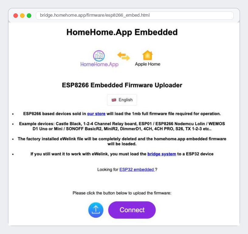 ESP8266 Embedded Firmware Uploader page with the Connect button