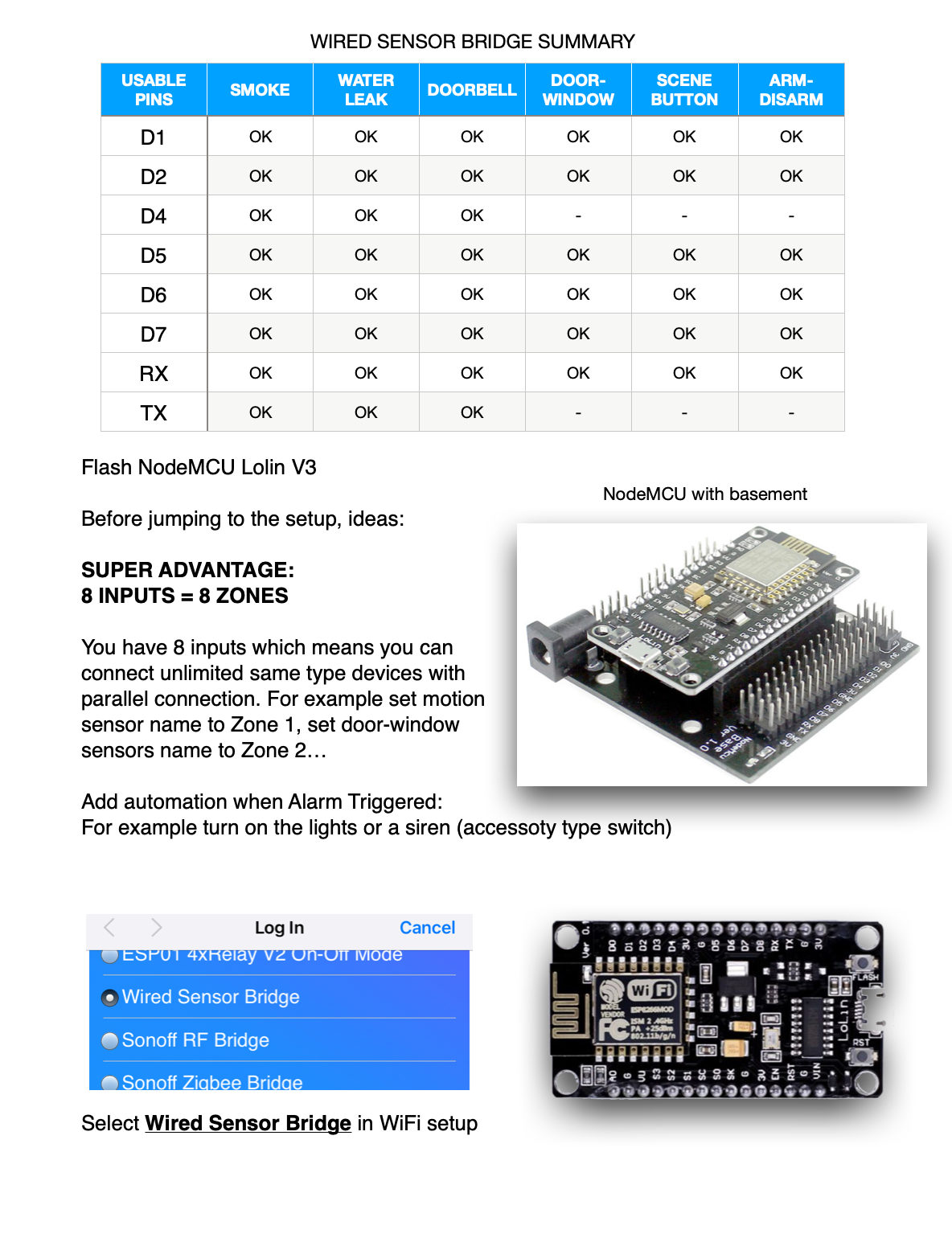 Wired Sensor Bridge summary: pins, sensor types and the NodeMCU board